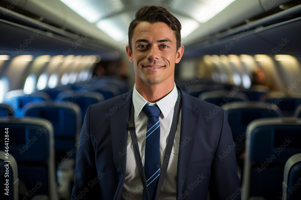 Portrait of a handsome young man in airplane cabin. Travel and tourism concept. Portrait of a handsome young man in airplane cabin. Travel and tourism concept.