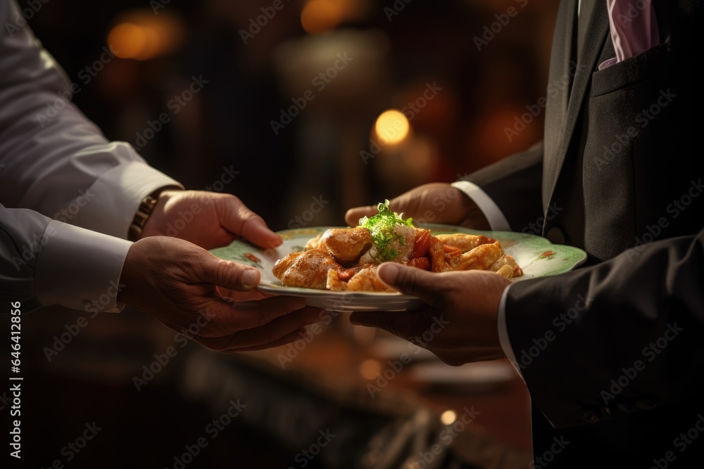 waiter holding and passes a plate of food to a customer in a restaurant, blurred background waiter holding and passes a plate of food to a customer in a restaurant, blurred background
