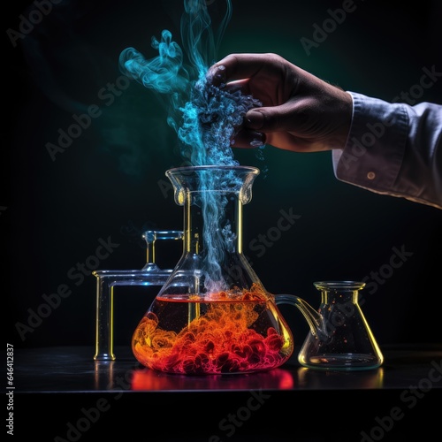 Smoke Effect of Blue and Orange Liquid in Beaker. close up of chemical experiment concept