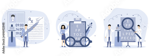 Medical illustrations set.Ophthalmologist checks the vision of patients, advises on choosing the right glasses and prescribes RX and prescribes treatment.Ophthalmology concept. Vector illustration.