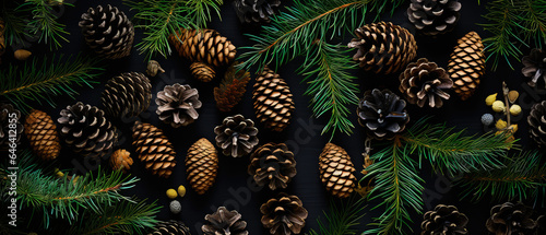 Christmas Mockup banner with fir, conifer branches, cones, decorations on black textured background. Top view. Flat lay. New Year Holidays background. Generative ai