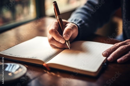 writer's hand holding a pen and writing in notebook on wooden table with blurred background