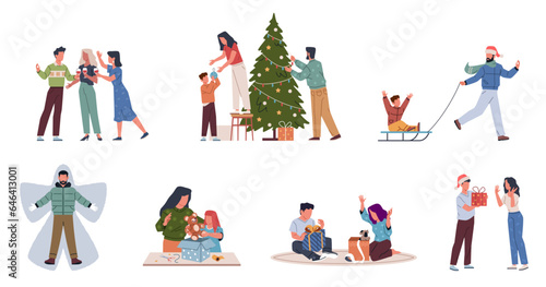 New year celebration scenes. Happy families, couples preparing for holiday, people decorate christmas tree, give gifts, celebrate winter holidays, cartoon flat style nowaday vector set