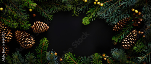 Christmas Mockup banner with fir  conifer branches  cones  decorations on black textured background. Top view. Flat lay. New Year Holidays background. Generative ai