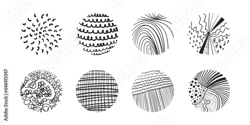 Set of round abstract black patterns backgrounds. Hand drawn line doodle circle shapes, scribble textures. Vector illustration isolated on white background