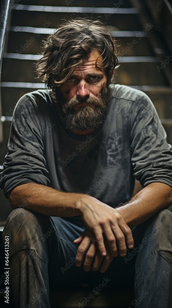 Man in distress slumped on a fire escape or in a structure, hands clasped behind his back.. Man in distress slumped on a fire escape or in a structure, hands clasped behind his back..