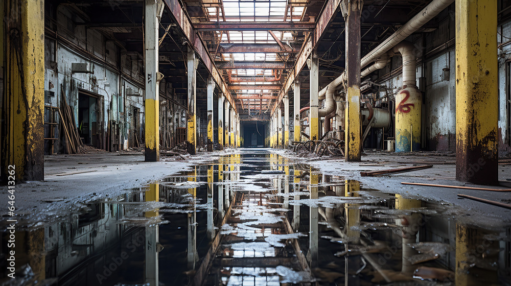 An abandoned factory's insides are lit up by intense lights.