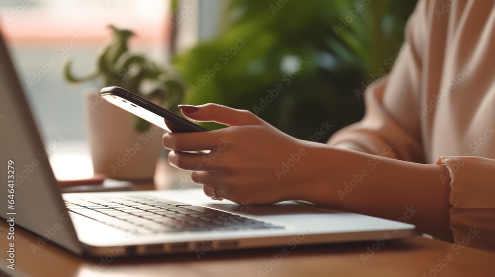 Closeup of woman finger touching on mobile phone screen. Asian woman using smartphone while sitting at table with laptop computer at home office, online shopping, mobile banking, internet payment  - obrazy, fototapety, plakaty 