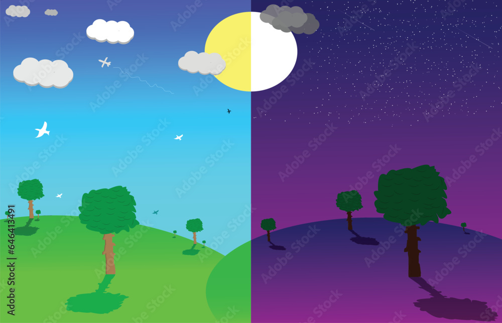 landscape with trees and clouds Birds day and night illustration 