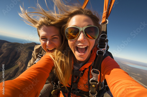 Happy couple taking selfie with paraglider in the mountains