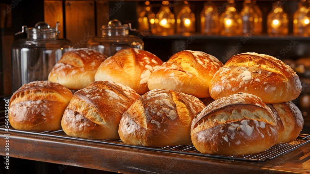 shelf-mounted baked loaves and buns,.