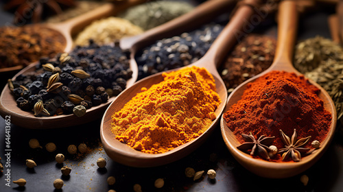 Spoons filled with different herbs and spices against a dark backdrop.