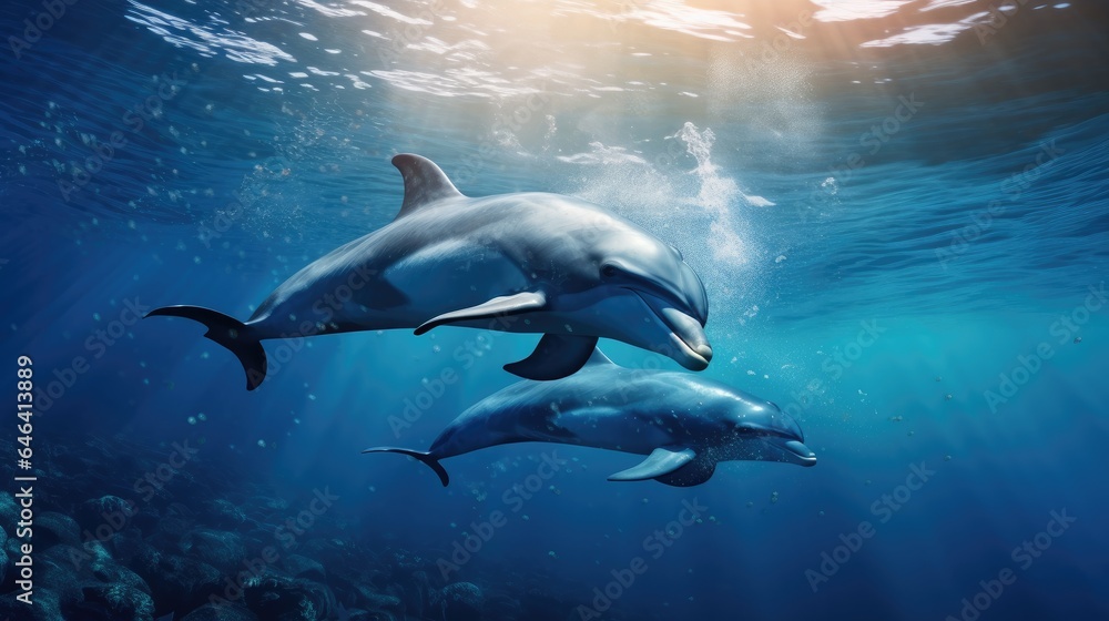 dolphins swimming in the blue ocean , Dolphins inhabiting Mikurajima in Tokyo dolphins swimming in the blue ocean , Dolphins inhabiting Mikurajima in Tokyo