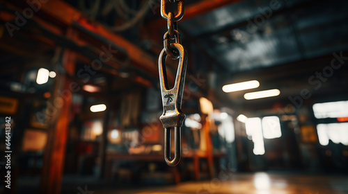 A metal hook dangles prominently against the blurred setting of an auto repair shop's inside.
