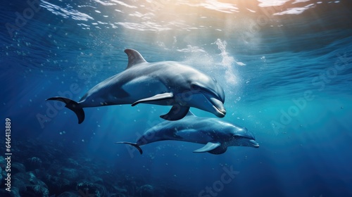 dolphins swimming in the blue ocean , Dolphins inhabiting Mikurajima in Tokyo