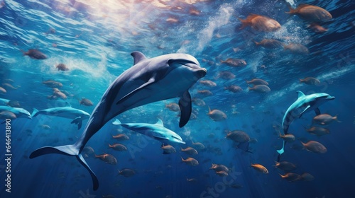 dolphins swimming in the blue ocean , Dolphins inhabiting Mikurajima in Tokyo © somchai20162516