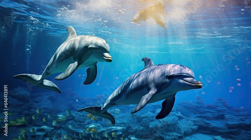dolphins swimming in the blue ocean , Dolphins inhabiting Mikurajima in Tokyo © somchai20162516