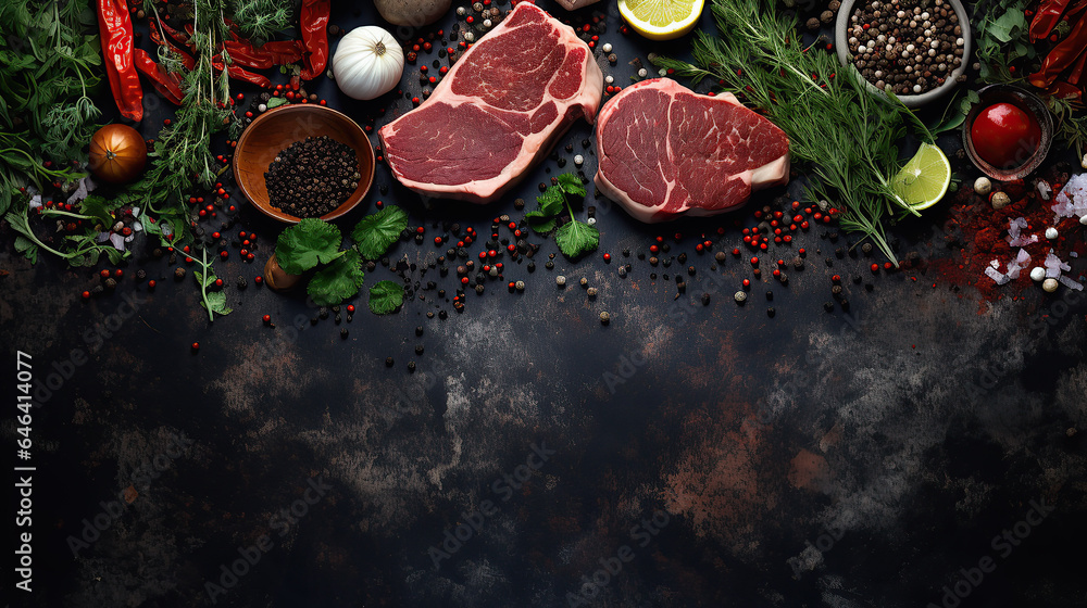Overhead shot of meat accompanied by herbs against a dark backdrop.