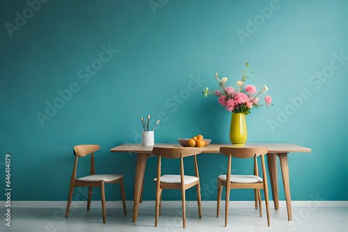 Wooden table with vase with bouquet of dried flowers new wall, blank wall. Home interior background with copy space.