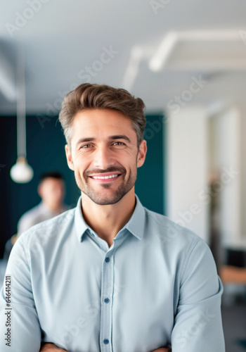 Cheerful young businessman with beard in office, smiling and looking at camera.