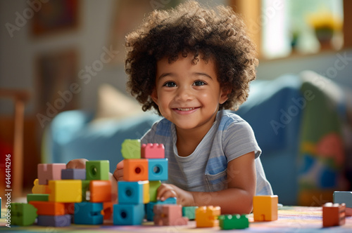 Portrait of cute african american little girl playing with building blocks at home