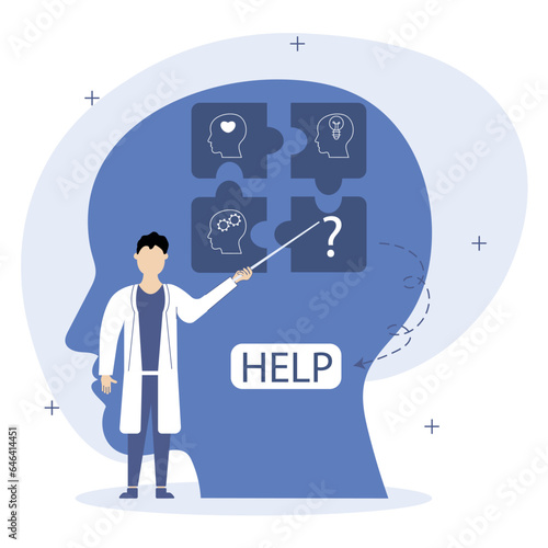 Mental health problems illustration.A psychologist finds mental health problems in his patient and looks for ways to solve them. Mental disorder concept.Vector illustrations.