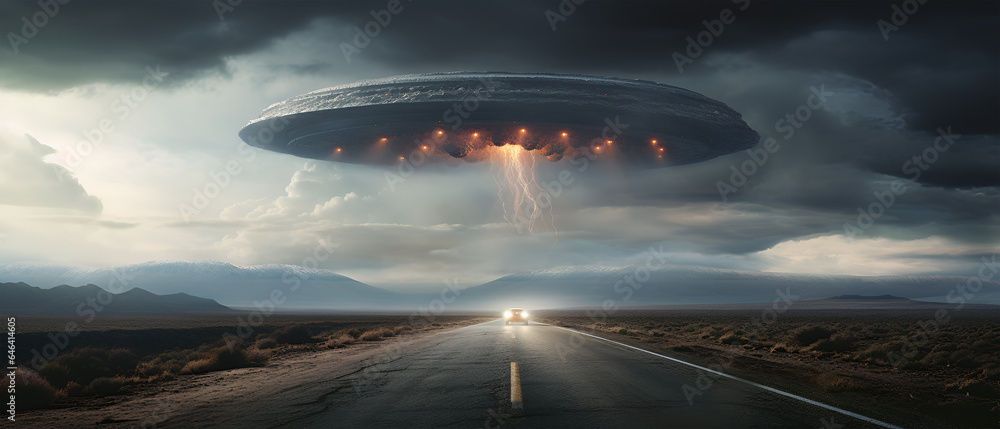 UFO Seen in the Sky, Raining Alone on the Road, Generative AI - obrazy, fototapety, plakaty 