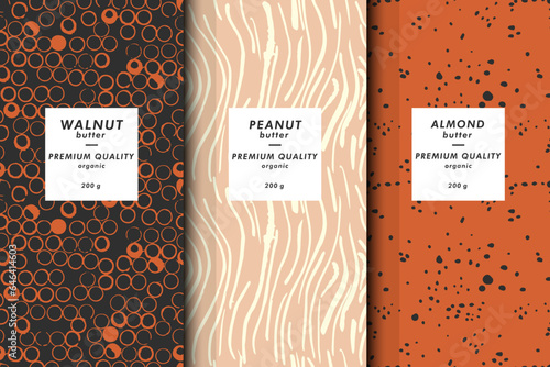 Vector illustration set of templates contemporary abstract cover and patterns for nuts butter packaging with labels. Minimal modern backgrounds