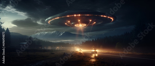 UFO in Sky at Dark Landscape, Generative AI