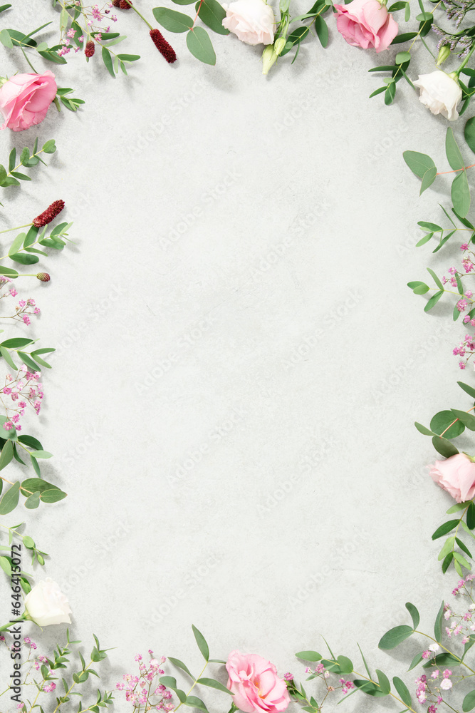 Spring flowers border, flat lay copy space Spring flowers border, flat lay copy space