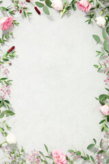 Spring flowers border, flat lay copy space