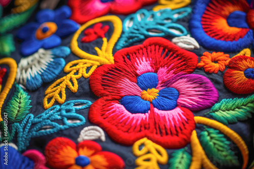 Close-up of a Mexican embroidery pattern on a textured fabric, highlighting the exquisite artistry and attention to detail in this cultural craft. © EdNurg