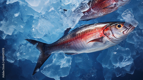A flat lay perspective of fresh fish on ice. © sopiangraphics