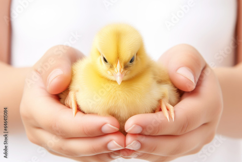 A heartwarming image of a tiny, yellow baby chick nestled in the gentle hand of its caretaker, showcasing the bond between humans and these adorable creatures.
