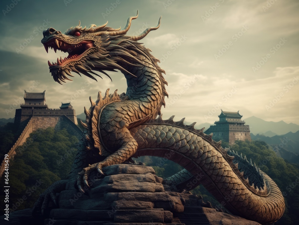 Chinese dragon on the Great Wall of China - obrazy, fototapety, plakaty 