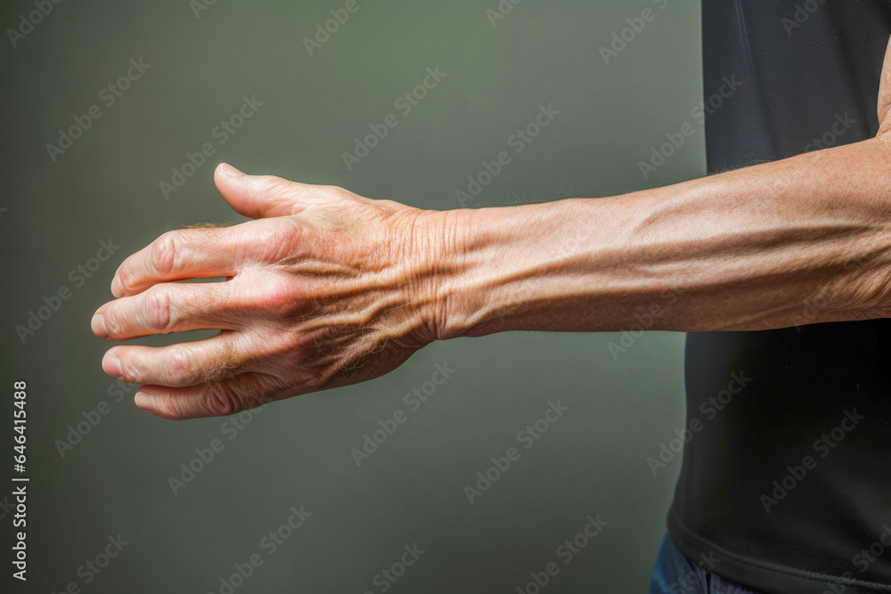 Managing Rheumatism: Inflamed joints and wrinkled hands in seniors require specialized care. Fingers tell a story of resilience and the importance of proper care. - obrazy, fototapety, plakaty 