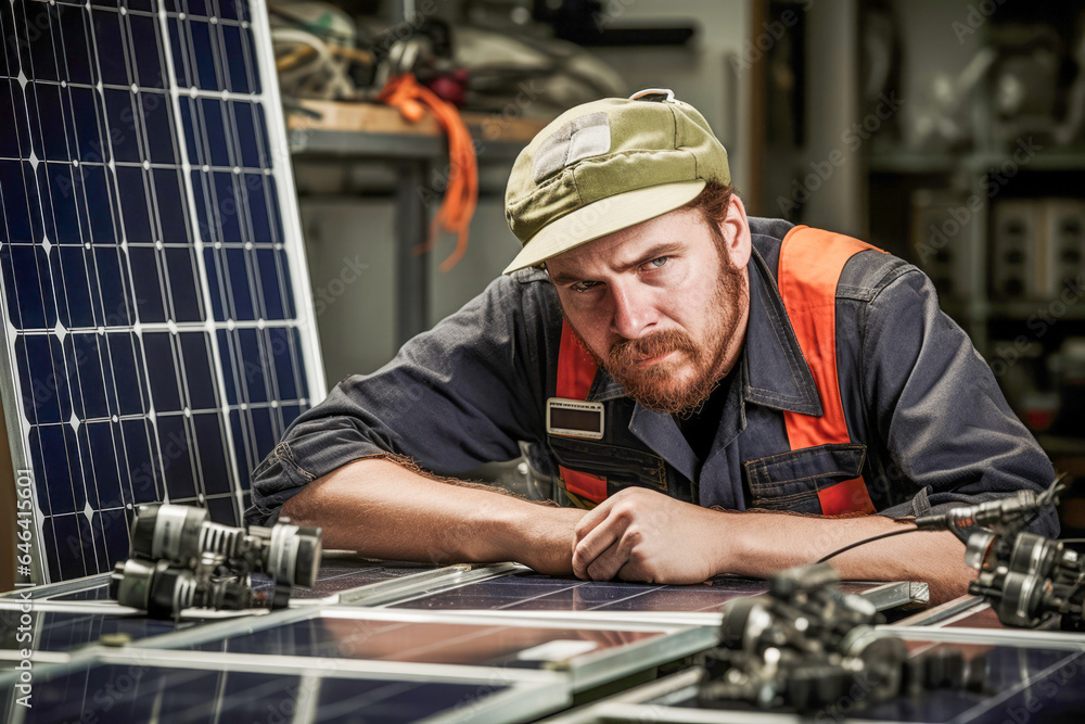 Man, a skilled technician and engineer, contributes to renewable energy generation through expert panel installation. Man, a skilled technician and engineer, contributes to renewable energy generation through expert panel installation.