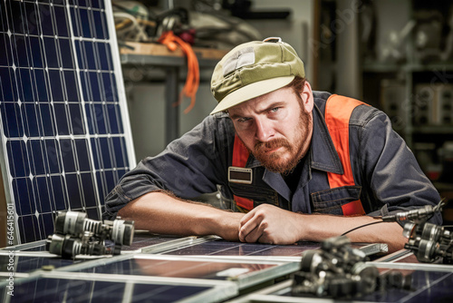 Man, a skilled technician and engineer, contributes to renewable energy generation through expert panel installation.