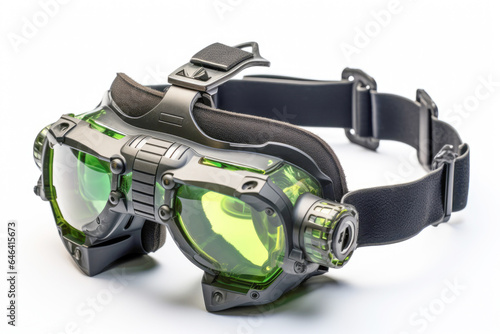 Special forces soldier wearing night vision goggles in combat, isolated on white. Enhanced vision for tactical operations at night.