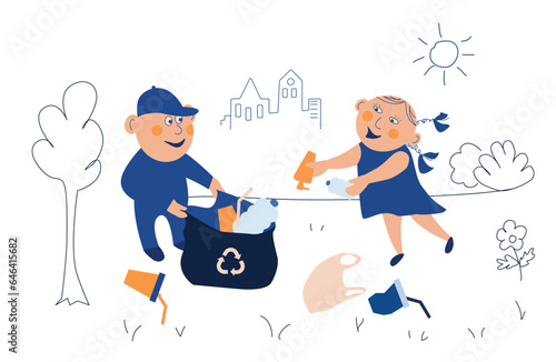 Cleanup volunteers picking up trash in garbage bags.Cartoon vector illustration