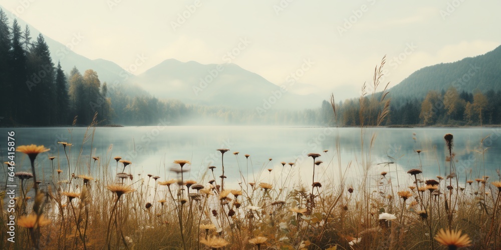 Generative AI, Autumn aesthetic landscape panorama, muted neutral colors.  - obrazy, fototapety, plakaty 
