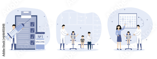 Medical services and vaccination for patients set. Vector illustrations.The doctor character vaccinates children. The importance of timely and regular vaccination. 