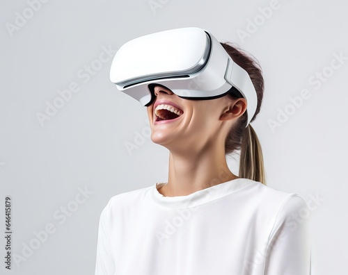  woman is wearing a virtual reality headset and is laughing