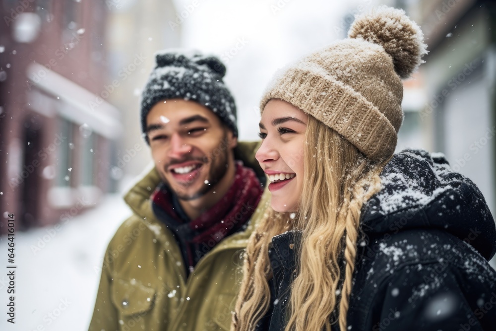 shot of a young man and woman hanging out in the snow together