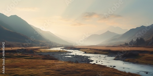 Generative AI, Autumn aesthetic landscape panorama, muted neutral colors. 