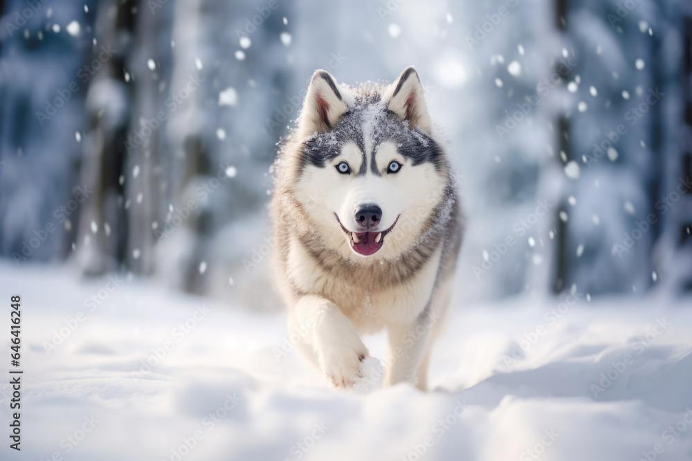 Against a backdrop of pure white snow, a young husky enjoys a day of play in the cold, embodying the spirit of these beautiful and wild dogs.