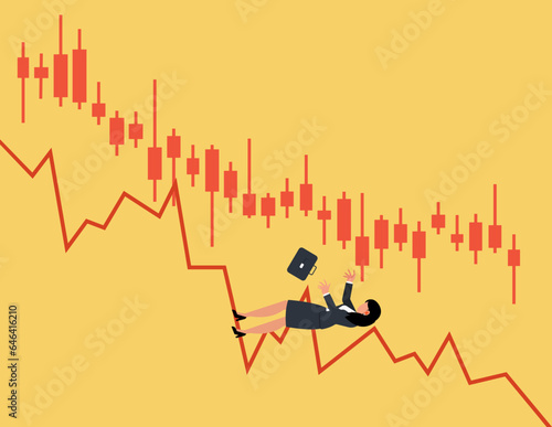 Financial Crisis, Stock market downfall concept. Bankrupt business woman falling down with his stocks crash shares graph.
