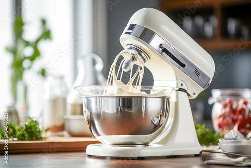 A versatile kitchen mixer, an essential household appliance, effortlessly blends ingredients in a bowl, aiding in culinary preparation.