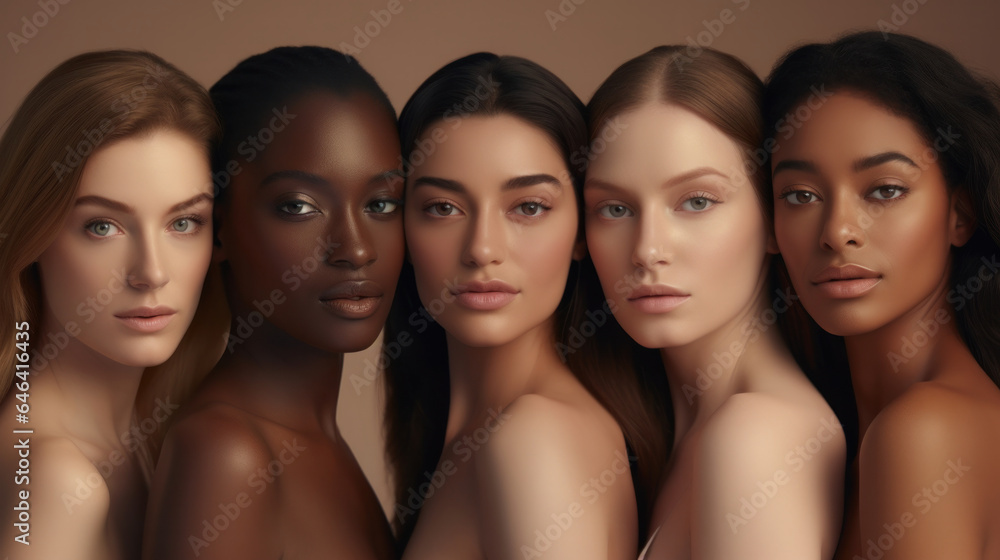 Radiant Beauty: Diverse Group of Women Celebrating Different Skin Types Against a Beige Background. - obrazy, fototapety, plakaty 