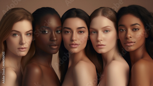 Radiant Beauty: Diverse Group of Women Celebrating Different Skin Types Against a Beige Background.